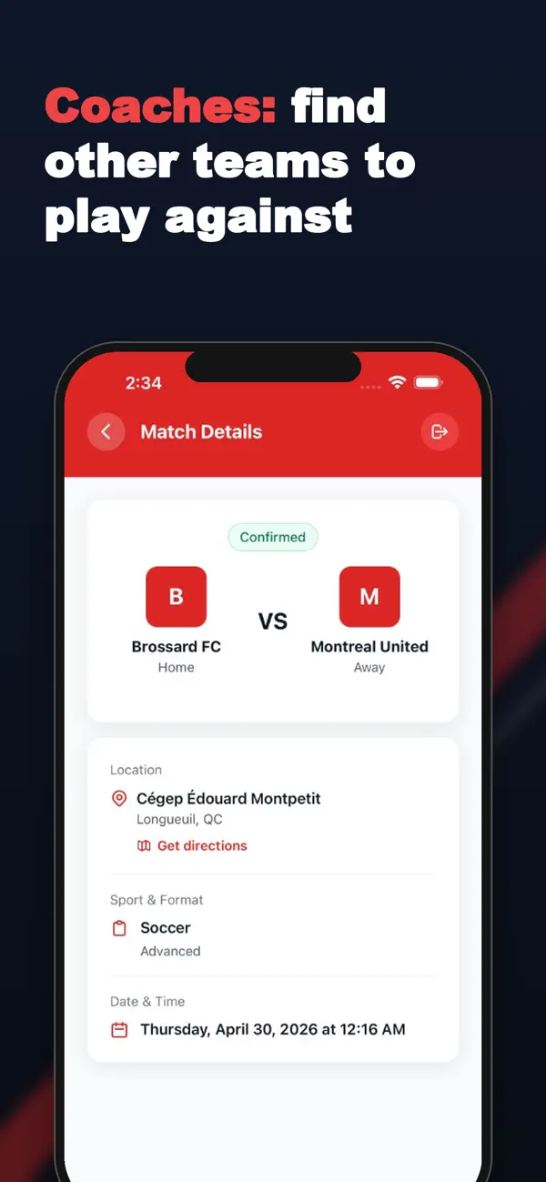 Aperçu SportsDock en anglais montrant un match confirmé entre deux équipes.
