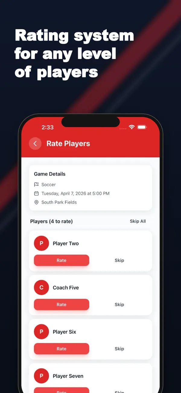 Aperçu SportsDock en anglais montrant les évaluations après un match.