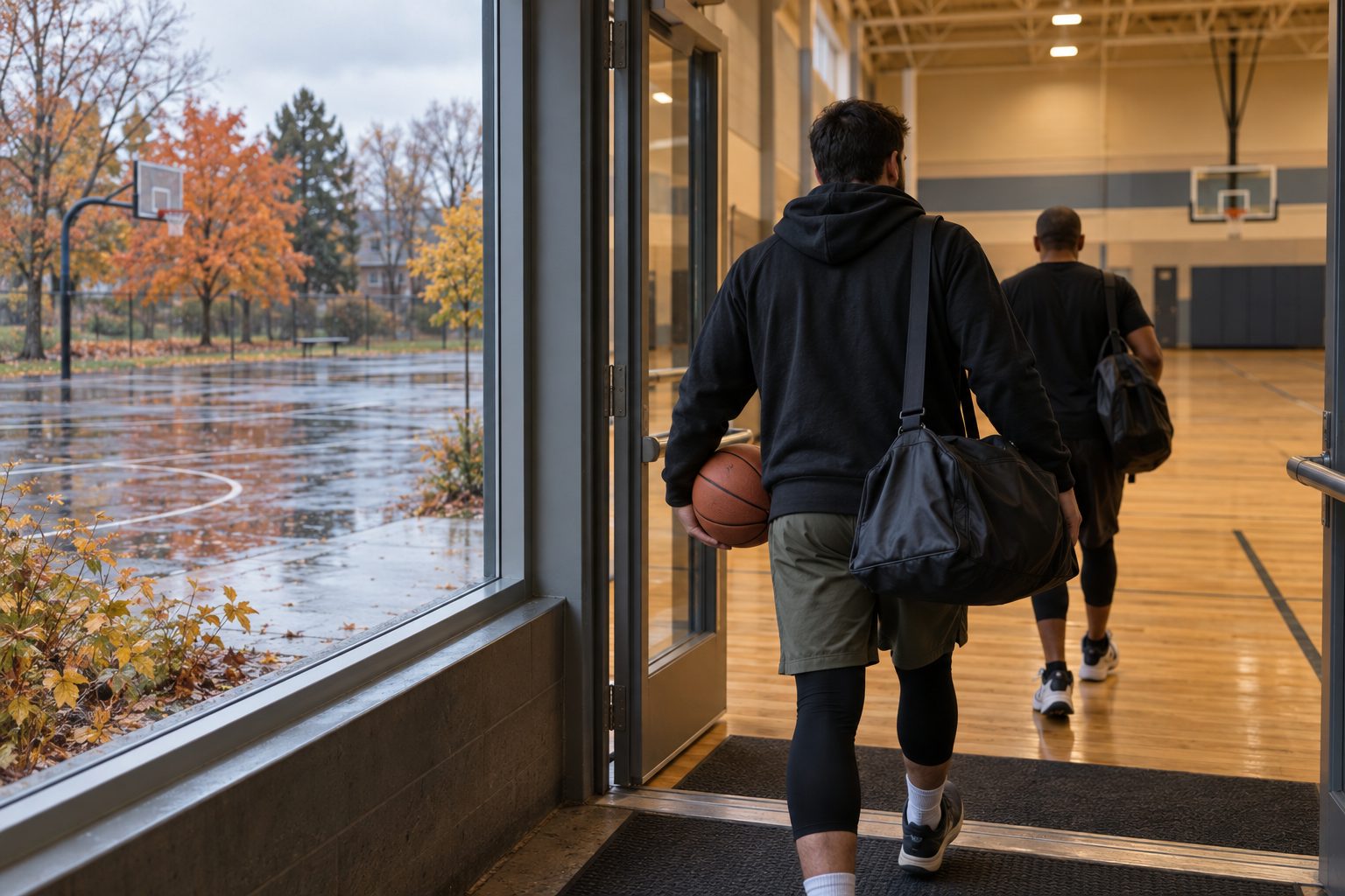 Illustration de joueurs entrant au gymnase près d’un terrain extérieur mouillé en automne