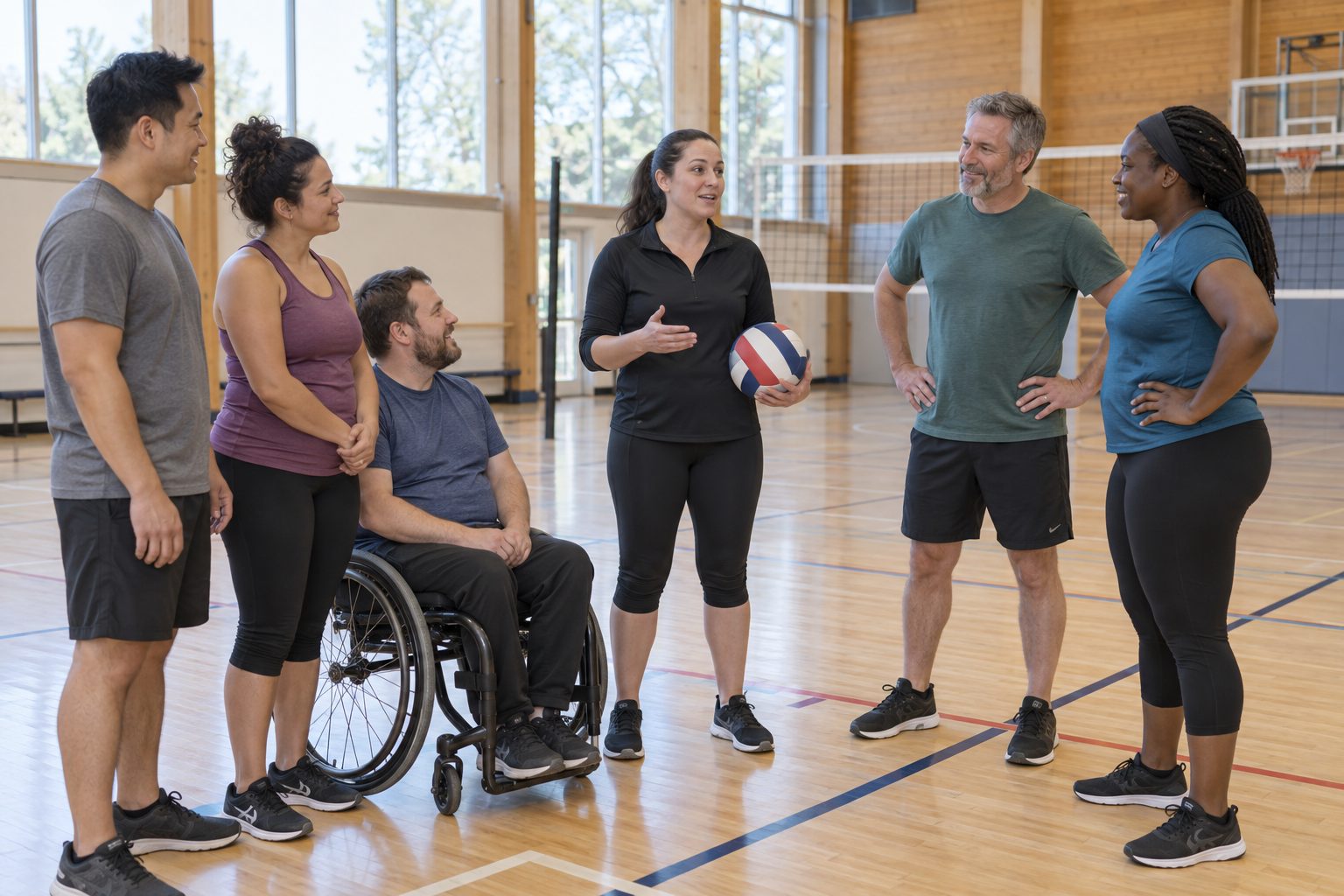 Illustration d’adultes écoutant une organisatrice avant une séance de volleyball récréatif