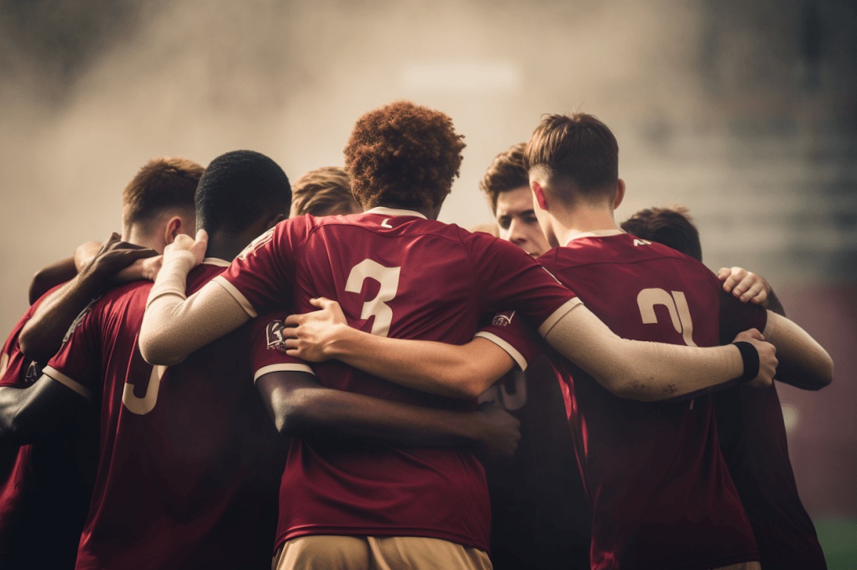 Équipe sportive locale regroupée avant un match communautaire