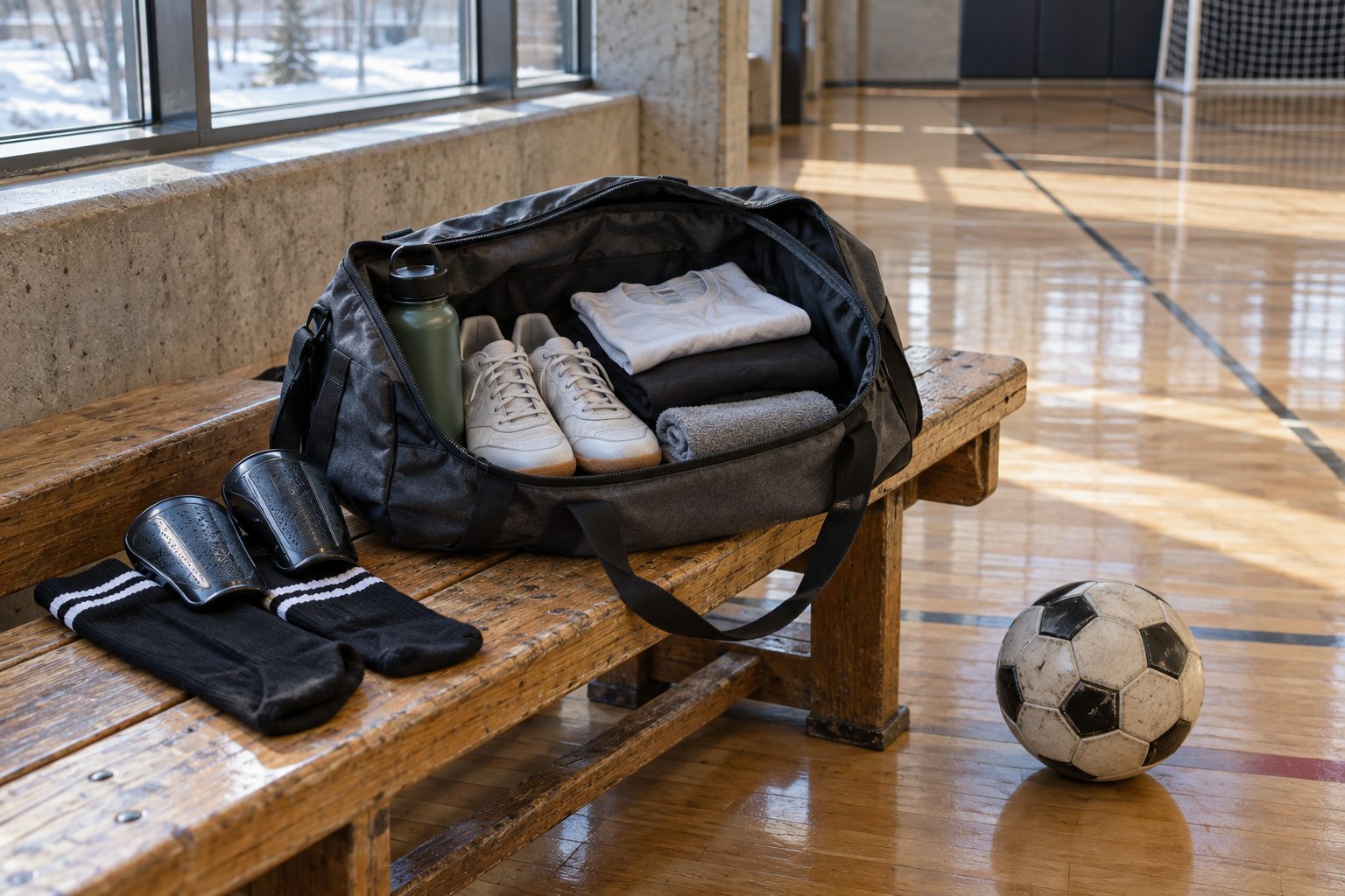 Illustration of an open gym bag with court shoes, shirts, water and shin guards beside a soccer ball