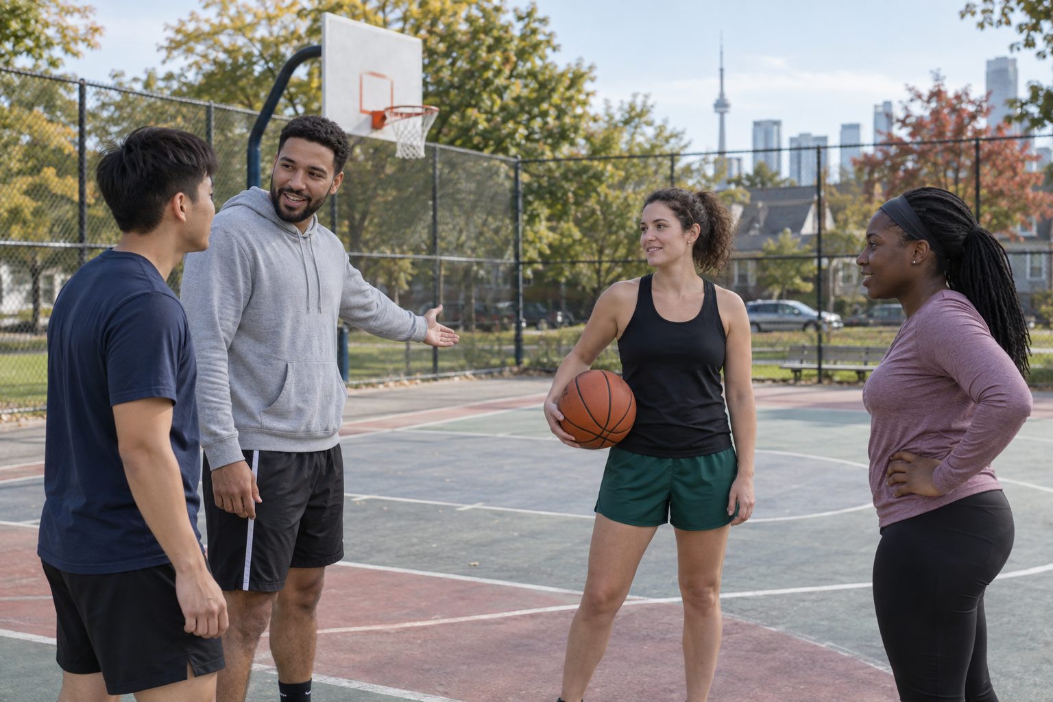 Illustration de joueurs accueillant une nouvelle personne au bord d’un terrain de basketball