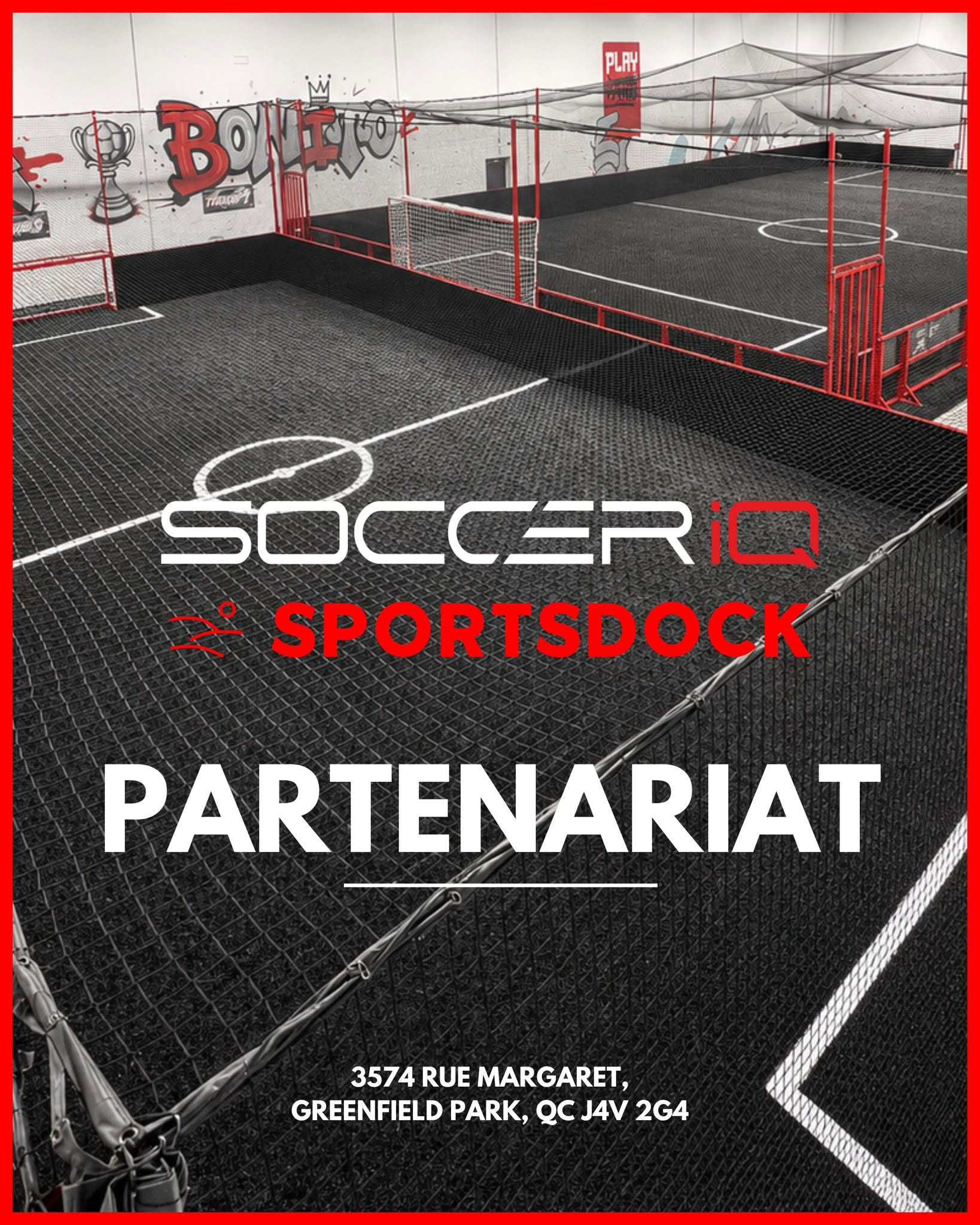 Annonce du partenariat SportsDock et Soccer IQ Taschereau au 3574 rue Margaret à Greenfield Park