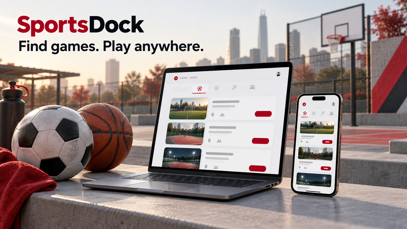 Illustration de la recherche de matchs SportsDock sur ordinateur et téléphone, avec un ballon de soccer et de basketball